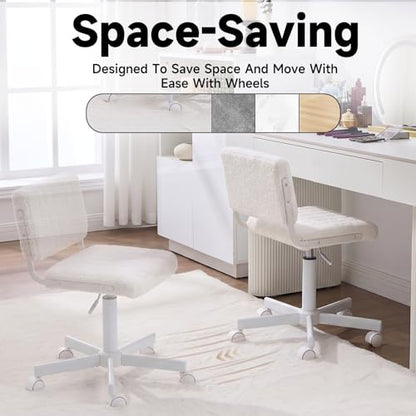 Office Chair Vanity Chair with Wheels | Comfy Desk Chair with Back | Cute Teddy Armless Adjustable Swivel Chair | Small Vanity Stool | for Bedroom Home Computer Task | White - color: White