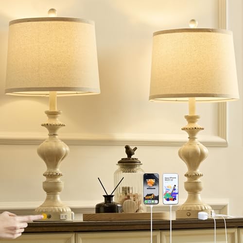 SAIWEYA 27.5" Farmhouse Table Lamps Set of 2, 3 Way Dimmable Touch Lamps | Touch Control, Dimmable, USB C+A Ports & AC Outlet, Bulbs Included, Bedside Nightstand Lamp for Living Room, Bedroom - color: Beige