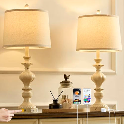 SAIWEYA 27.5" Farmhouse Table Lamps Set of 2, 3 Way Dimmable Touch Lamps | Touch Control, Dimmable, USB C+A Ports & AC Outlet, Bulbs Included, Bedside Nightstand Lamp for Living Room, Bedroom - color: Beige