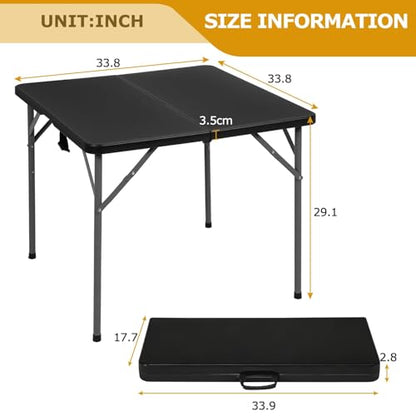 34" Folding Card Table, Heavy Duty Plastic Square Table - Portable Fold-in-Half w/Handle & Lock for Camping, BBQ, Party, Events, Black - size: 34‘’-Black