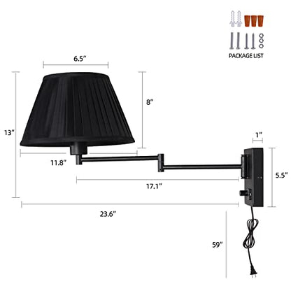 17" Swing Arm Wall Lamp USB & AC Outlet, Dimmable, Black | Adjustable Swing Arm Rotary dimmer sets Plug-in bedside Bedroom Living Room reading - color: Black