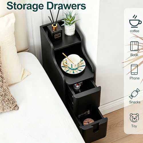 Black Narrow Nightstand, Wood 2 Drawer Small Nightstand, Slim Side Table, Modern Skinny End Bedside Table, Wood Night Stand with Drawers for Bedroom (Black-1 pc) - color: Black-1 Pc