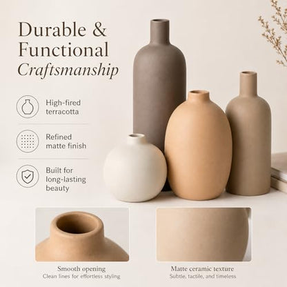 Ceramic Vase Set of 4 – Handmade Modern Minimalist Vases for Dried or Fresh Flowers, Matte Decorative Neutral Vases for Living Room, Table, Shelf & Entryway