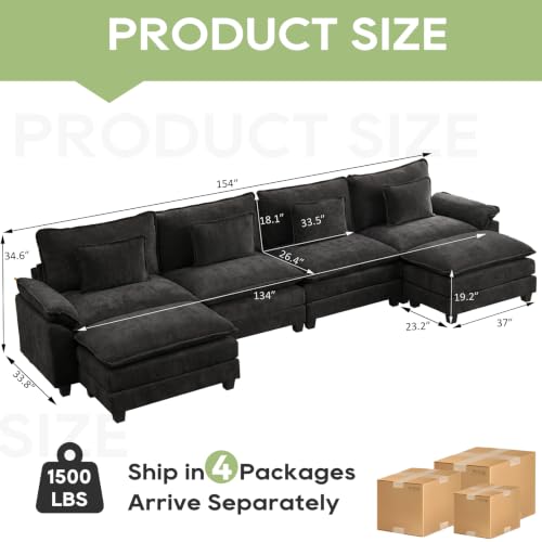 154" Modular Sectional Sofa, Comfy Deep Cloud Couch with Ottoman | U-Shaped Couches for Living Room, Modular Couch, Deep and Wide Seat, Chenille Sofa Sleeper with Throw Pillows, Black - color: Black, size: 154 Inch U