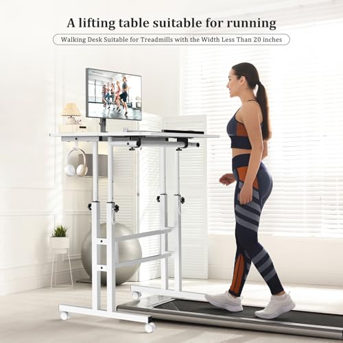 Enayplon Small Standing Desk with Wheels, Mobile Stand Up Desk, Portable Standing Table on Wheels for Walking Pad, Rolling Computer Desk Adjustable Height, Tall Table - color: White