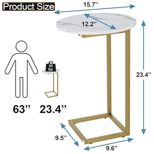 C Shaped End Table, Oval Couch Side Tables for Living Room, Sofa End Table with Metal Frame, Small Wooden Snack Table for Bedroom, Small Spaces, Easy Assembly, Gold - color: White Marble+gold