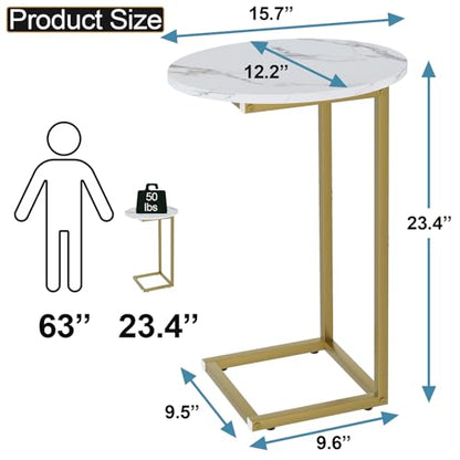 C Shaped End Table, Oval Couch Side Tables for Living Room, Sofa End Table with Metal Frame, Small Wooden Snack Table for Bedroom, Small Spaces, Easy Assembly, Gold - color: White Marble+gold