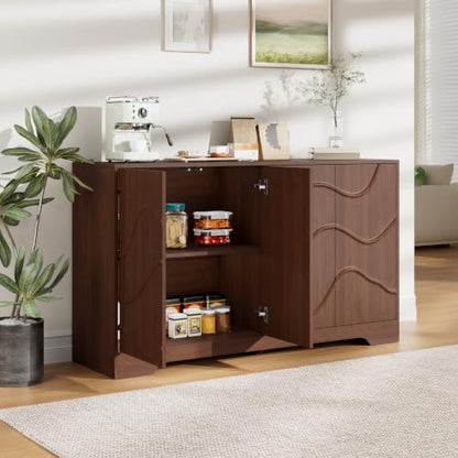 Godchoices 56" Sideboard Buffet Cabinet with Storage, Modern Accent Credenza with Wavy Doors & Adjustable Shelf, Console Cabinet for Kitchen,Living Room,Dining Room,Entryway,Hallway - color: 56" Walnut