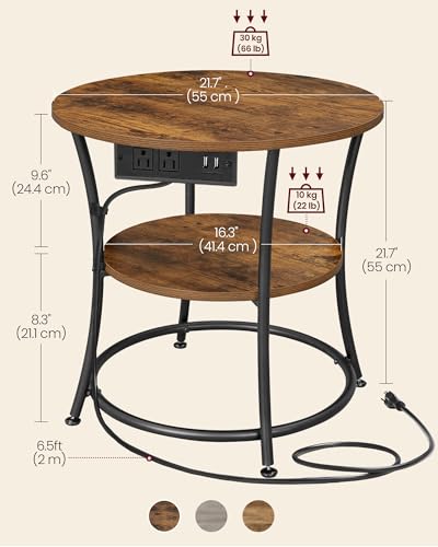 VASAGLE 21.7-Inch Round Side Table, 2-Tier End Table | Nightstand with Steel Frame, Spacious Top, for Small Spaces, Living Room, Bedroom, Rustic Brown and Ink Black ULET077K01 - color: Rustic Brown + Ink Black, style: With Power Strip