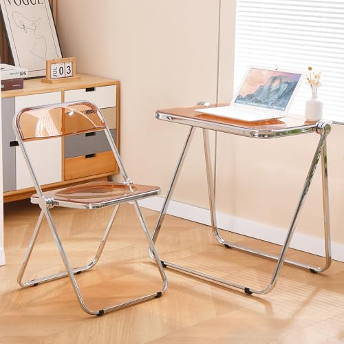 Acrylic Folding Table TV Tray Small Side Table - Tawny | Modern Transparent Dinner Table for Eating on Couch Folding Table Foldable Computer Desks Space-Saving with Chrome Frame - color: Tawny