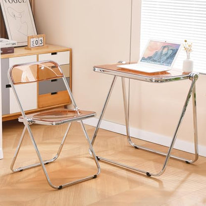 Acrylic Folding Table TV Tray Small Side Table - Tawny | Modern Transparent Dinner Table for Eating on Couch Folding Table Foldable Computer Desks Space-Saving with Chrome Frame - color: Tawny