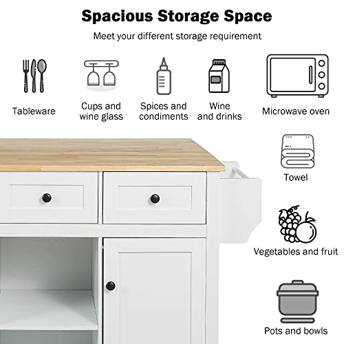 Kitchen Island, Rolling Kitchen Cart with Drop Leaf Top | Drop leaf countertop expands prep and serving space, folds down to save room in compact kitchens or dining areas - color: White + Mdf + Rubber Wood