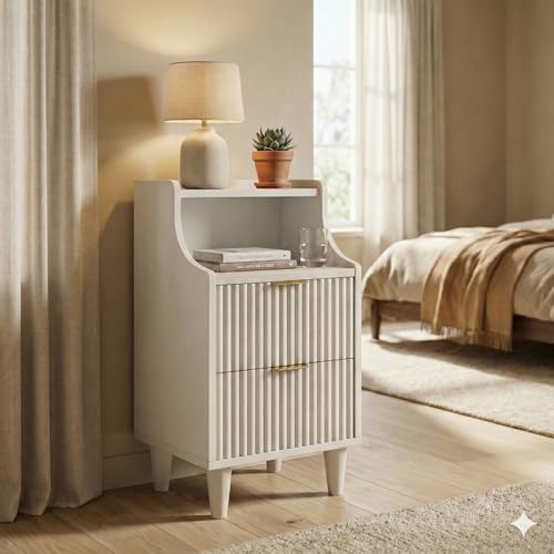 11.8" Narrow Fluted Nightstand Set of 2,Slim Side End Table with 2 Drawers,Mid-Century Modern Bedside Table,Skinny Night Stand for Bedroom, Small Space (White, 11.8" with 2 Drawers) - color: White