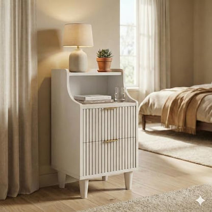 11.8" Narrow Fluted Nightstand Set of 2,Slim Side End Table with 2 Drawers,Mid-Century Modern Bedside Table,Skinny Night Stand for Bedroom, Small Space (White, 11.8" with 2 Drawers) - color: White