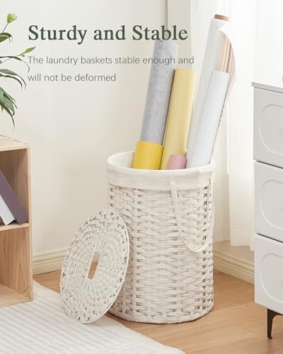 SETVSON Laundry Hamper with Lid Laundry Basket with Lid 72L, White | 19 Gal Round PE Rattan Hamper with Lid, Removable Washable Liner Bag, 2 Mesh Wash Bags, Steel Frame, Handles - color: White, size: 72 L