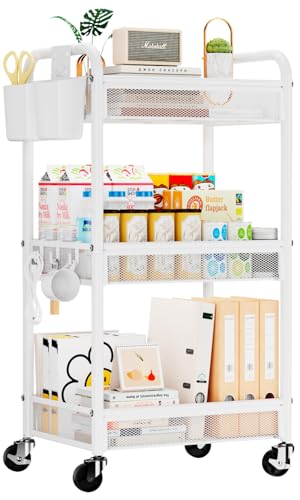 3 Tier Metal Rolling Cart, White Utility Storage Cart with Wheels | Metal Mesh Craft Cart With Hooks & Hanging Cups, Ideal For Kitchen, Bathroom, Office, Dorm, Art Workspace, Bedside Storage - color: White