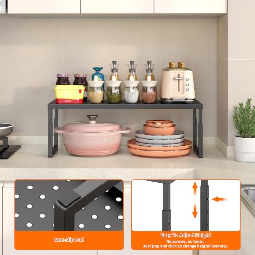 Shelf Organizer Riser For Cabinet Pantry Kitchen Countertop Cupbaord Closet | Expandable Width, Adjustable Height, Stackable As 2-Tier Shelf Rack, Snap-Button: Easily Adjust Height, Heavy Duty Metal - color: Black-1 Pack