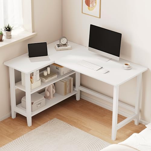 IOTXY 45" Reversible L-Shaped Office Desk with Storage Shelves, White | Solid Rubberwood Legs, 0.6" MDF Desktop, Reversible 2-tier Shelves, Compact Corner Computer Table for Small Spaces - color: White, size: 45-inch