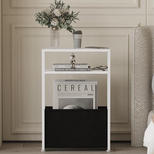Leomonio Narrow Side Table, Slim End Tables with Fabric Basket, Skinny Table for Small Spaces, Thin Bedside Table for Living Room, Bedroom, White, ZBZ01 - color: White