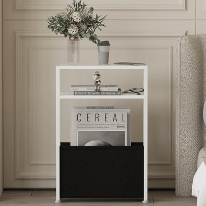 Leomonio Narrow Side Table, Slim End Tables with Fabric Basket, Skinny Table for Small Spaces, Thin Bedside Table for Living Room, Bedroom, White, ZBZ01 - color: White