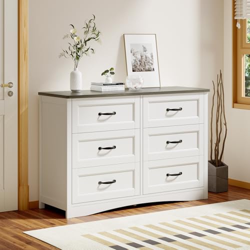 Gizoon 47" 6 Drawer Dresser, White & Grey Chest of Drawers Bedroom | 6 drawer wood dresser with metal handles. Storage cabinet organizer for bedroom, kids nursery room and home office - color: Grey