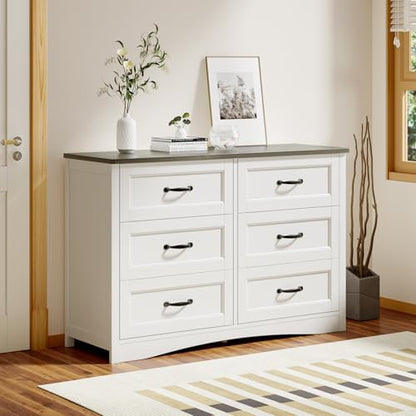 Gizoon 47" 6 Drawer Dresser, White & Grey Chest of Drawers Bedroom | 6 drawer wood dresser with metal handles. Storage cabinet organizer for bedroom, kids nursery room and home office - color: Grey