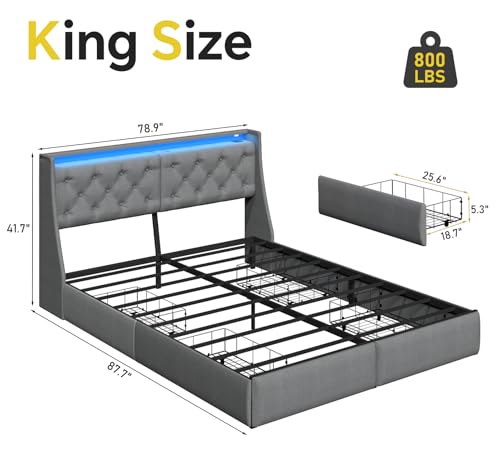 SADENICEL King Size Bed Frame with 4 Storage Drawer, King Bed Frame, Grey | Headboard with Charging Station and LED Lights, Metal Platform Bed with Storage Shelf, Noise Free, No Box Spring Needed - size: King, style: 4 Storage Drawer
