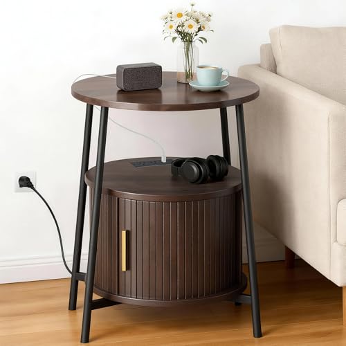 DHH Round End Tables Set of 2 & Charging Station, Fluted Accent Side Table with Sliding Door, Mid-Century Modem Nightstand Set for Small Space Storage, Living Room, Bedroom,Sofa Couch(Dark Walnut) - color: Dark Walnut