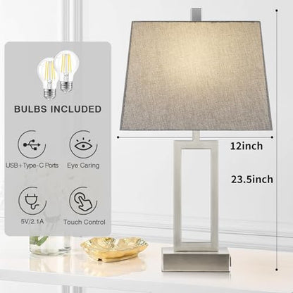 Lolikit 23.5" Touch Control Table Lamps, Metal Bedside Lamp for Bedroom Set of 2 with USB A+C Ports & AC Outlet, 3-Way Dimmable Nightstand Lamp for Living Room (LED Bulb Included) - color: Silver - 23.5"H
