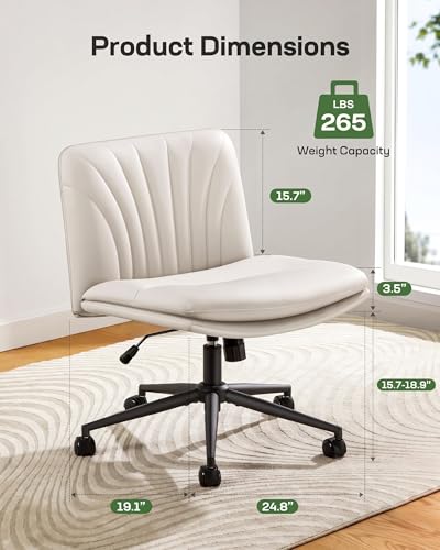 Marsail Armless-Office Desk Chair with Wheels: PU Leather Cross Legged Wide Chair,Comfortable Adjustable Swivel Task Chairs for Home,Office,Make Up,Small Space,Bed Room(Light Beige) - color: Light Beige
