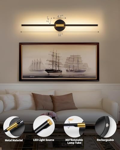 40" Battery Operated Wall Sconce Set of 2, 350° Rotating Lamp, Black Gold | Wireless, 8000mAh Rechargeable Battery, Stepless Dimming, 3000K-6000K, Remote & Touch Control, Timer, Living Room, Bedroom - color: Black Gold, size: 40 Inch (2 Pack)