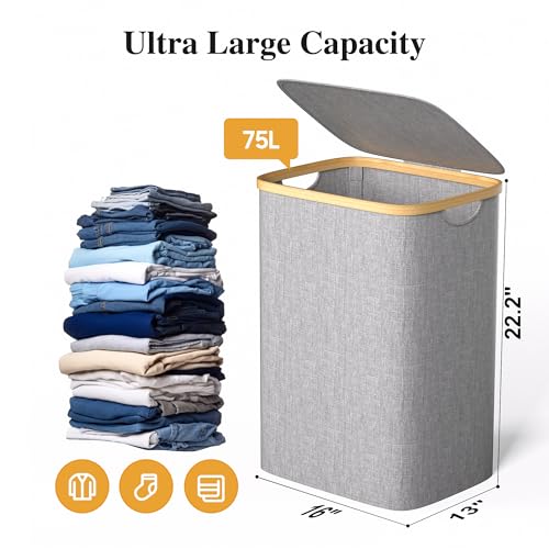 Foluck Large Laundry Hamper, 75L Waterproof Laundry Basket with Lid and Removable Bag, Collapsible Tall Clothes Hamper with Bamboo Handles for Clothes Toys in Dorm Bedroom Bathroom, Grey - color: Grey, size: 75L