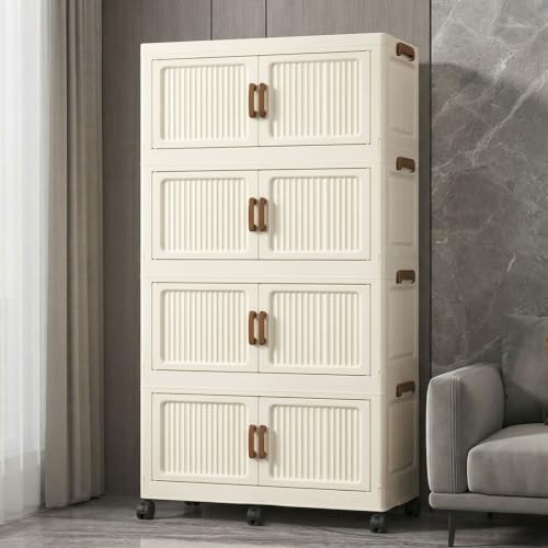 467QT Modular Stackable Storage Cabinet, Rolling Lidded Storage Containers with Wheels, Collapsible Drawer Storage Bins for Clothes, Toys, Bedroom, Dorm Room Organization, Cream White（4 Pack） - size: 4 Pack 36 L x 15 W x 56 H