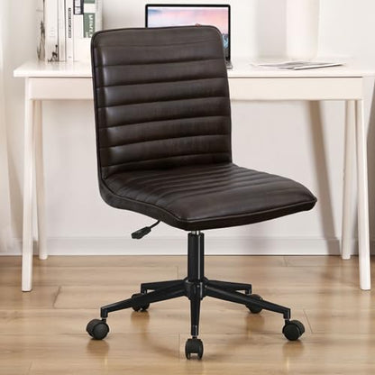 Furnimart Armless Swivel Rolling Desk Chair, Adjustable Faux Leather Vanity Chair with Gold Legs, Cute Task Chair with Wheels for Living Room Bedroom Studying Small Places (Black/Brown) - color: Leather-blackbrown