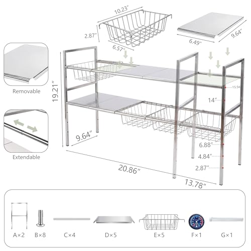 Under-Sink Organizer 2-Tier Expandable Cabinet Storage (5 panels 5baskets) | LED Motion-Sensing Auxiliary Lighting Dial Thermometer Stainless Steel Telescopic & Adjustable Rust-Resistant - size: 5 panels 5baskets