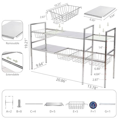 Under-Sink Organizer 2-Tier Expandable Cabinet Storage (5 panels 5baskets) | LED Motion-Sensing Auxiliary Lighting Dial Thermometer Stainless Steel Telescopic & Adjustable Rust-Resistant - size: 5 panels 5baskets