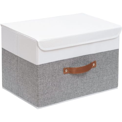 Yawinhe Fabric Storage Boxes with Lids,White/Grey,15.0x9.8x9.8in,1-Pack | Container with Leather Handle,Washable Storage Basket, Clothes Blanket Bin,Collapsible Closet Organizer for Bedroom - color: White/Grey, size: L/(1 Pack)