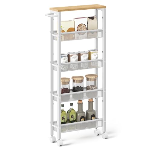 VASAGLE Slim Rolling Cart, 5-Tier Storage Cart, Narrow Cart with Handle, 5.1 Inches Deep, Metal Frame, for Kitchen, Dining Room, Living Room, Home Office, Oak Beige and Classic White ULRC034W09 - color: Oak Beige + Classic White, size: 5 Tiers (5.1"D x 39
