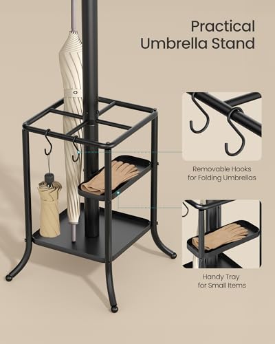 SONGMICS Coat Rack Freestanding Metal Coat Rack Stand with 12 Hooks | Coat Rack with Umbrella Holder - style: with square umbrella holder