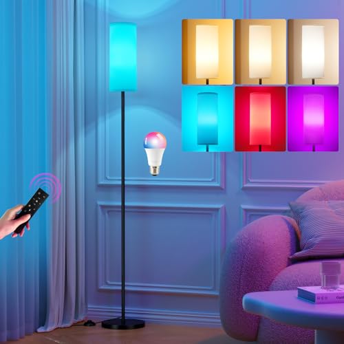 64'' Floor Lamps for Living Room with Remote Control and RGB + Stepless Dimmable Colors Temperature & Brightness, 9W Smart Bulb Included(White Shade & Black Pole) - color: white & black, size: 64.57 inches Round Shade