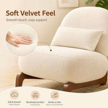 Modern Velvet Armless Accent Chair with Solid Wood Legs, Upholstered Single Lounge Chair, Comfy Reading Chair for Living Room, Bedroom & Reading Nook (White + Fabric, 1 Pack, Solid Wood) - color: White + Fabric, size: 1 Pack