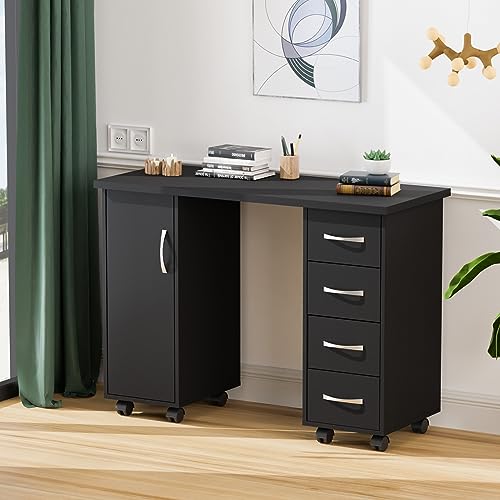 OmySalon OmySaon Manicure Table Nail Desk w/Cabinet, Drawers, Wheels & Wrist Rest, Spa Salon Beauty Home Wooden Technician Workstation Nail Art Equipment for Nail Tech, Black - color: Black
