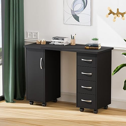 OmySalon OmySaon Manicure Table Nail Desk w/Cabinet, Drawers, Wheels & Wrist Rest, Spa Salon Beauty Home Wooden Technician Workstation Nail Art Equipment for Nail Tech, Black - color: Black