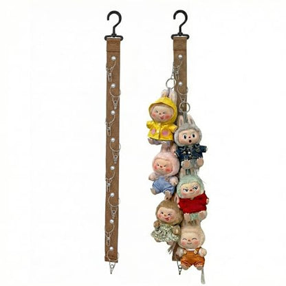 Plush Doll Hanging Storage Rope Display Rack with 8 Clips – Wall Hanging Organizer for Keychain Plushies, Mini Toys– Holds up to 3kg (Brown) - color: Brown