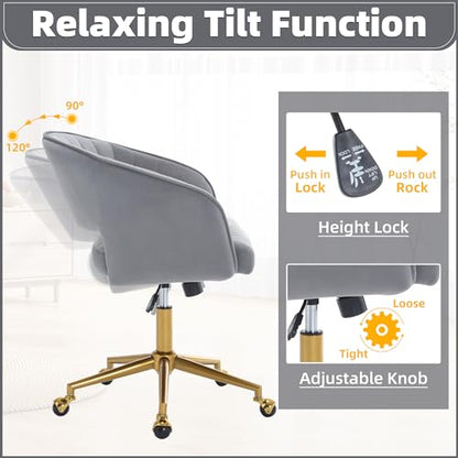 Desk Chair with Wheels, Gold Base, Velvet Accent Vanity Armchair, Grey | Spacious‌ Soft Seat, Swivel Height Adjustable, Rocking Function, Modern Stripe for Girls &Women Bedroom Makeup or Nail - color: Grey Velvet