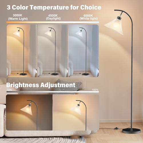 Glass Floor Lamp, Dimmable Black Standing Lamp with Remote Control & 3 Color Temperatures, Modern Arc Floor Lamps for Living Room Bedroom Office Corner, 9W LED Bulb Included - color: Black