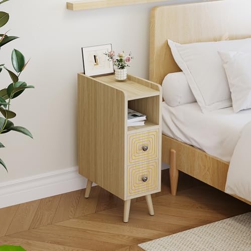 Narrow Nightstands Set of 2, Mid-Century Modern Bedside Table with Carved Drawer and Storage Shelf, Farmhouse Slim Side End Table for Bedroom and Living Room - color: Natural-narrow Nightstands Set of 2