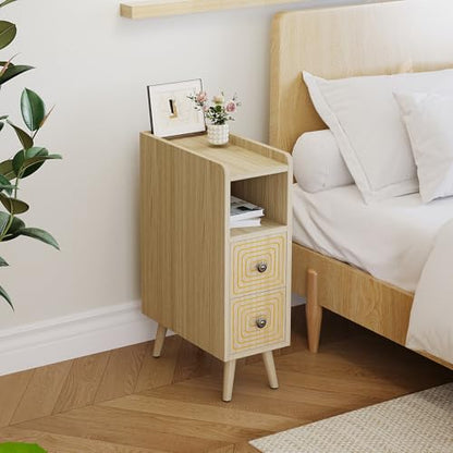 Narrow Nightstands Set of 2, Mid-Century Modern Bedside Table with Carved Drawer and Storage Shelf, Farmhouse Slim Side End Table for Bedroom and Living Room - color: Natural-narrow Nightstands Set of 2
