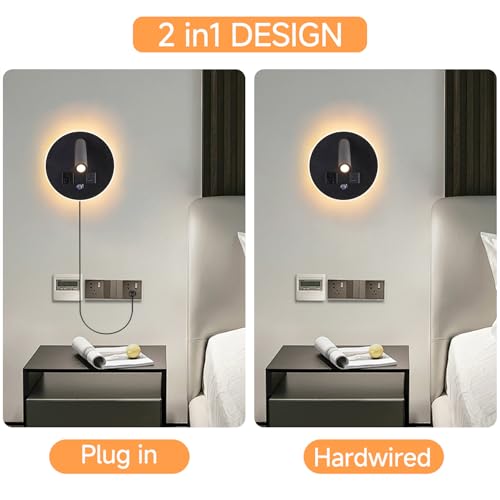 LED Round Wall Sconce with Dimmable Light, 6W+3W 3000K Night Light, Adjustable Plug-in Headboard Lamp with USB & USB-C Ports, Bedside Reading Light for Bedroom(Black) - color: Black