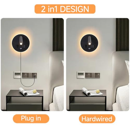 LED Round Wall Sconce with Dimmable Light, 6W+3W 3000K Night Light, Adjustable Plug-in Headboard Lamp with USB & USB-C Ports, Bedside Reading Light for Bedroom(Black) - color: Black